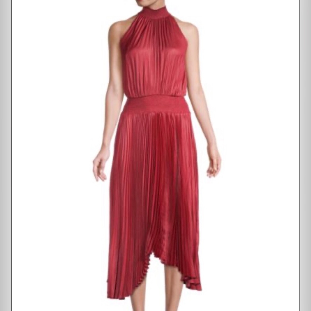 Elie Tahari cocktail midi, pleated, asymmetrical hemline dress, NWT sz M
